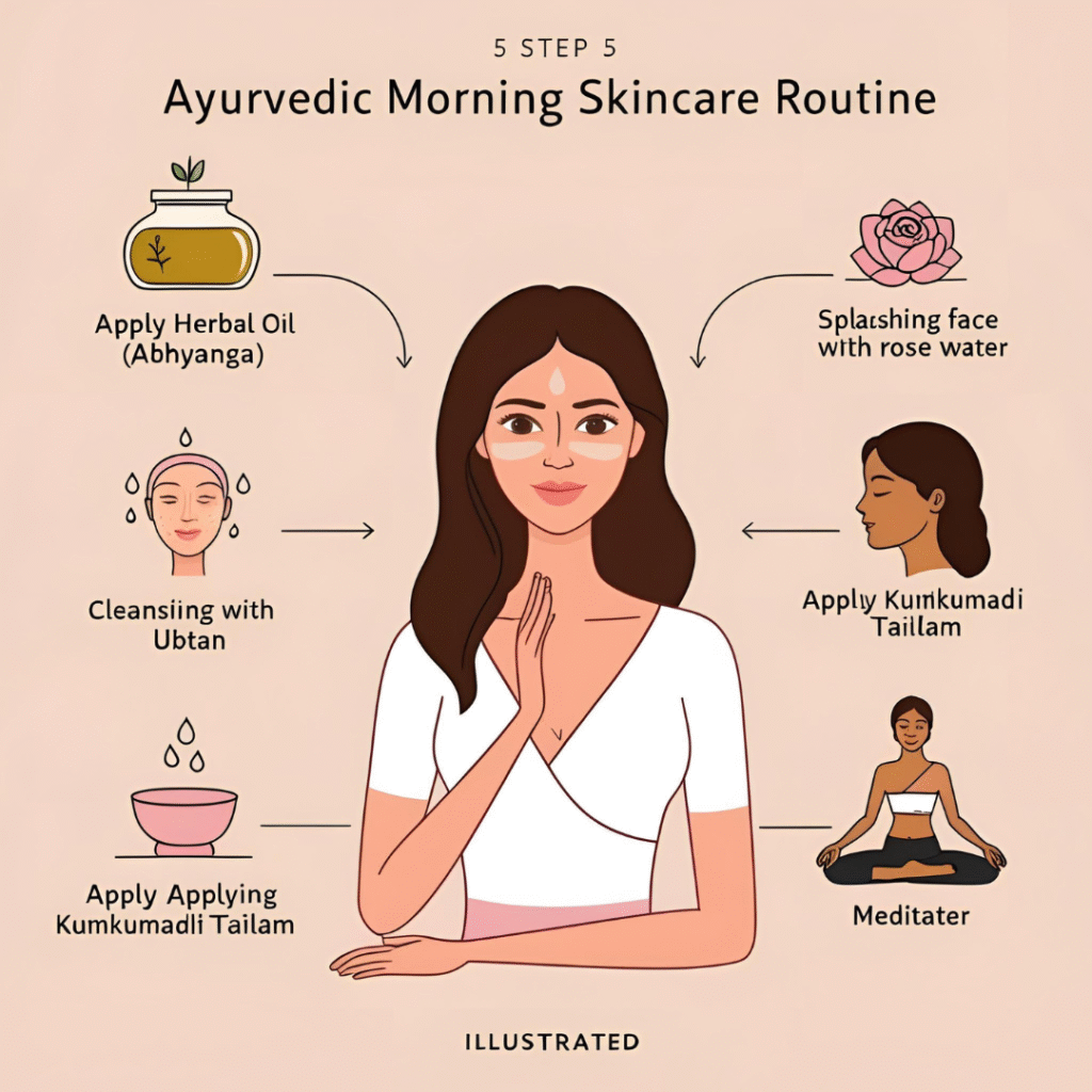 Illustrated steps of Ayurvedic morning skin care routine including abhyanga, ubtan cleansing, and oil application