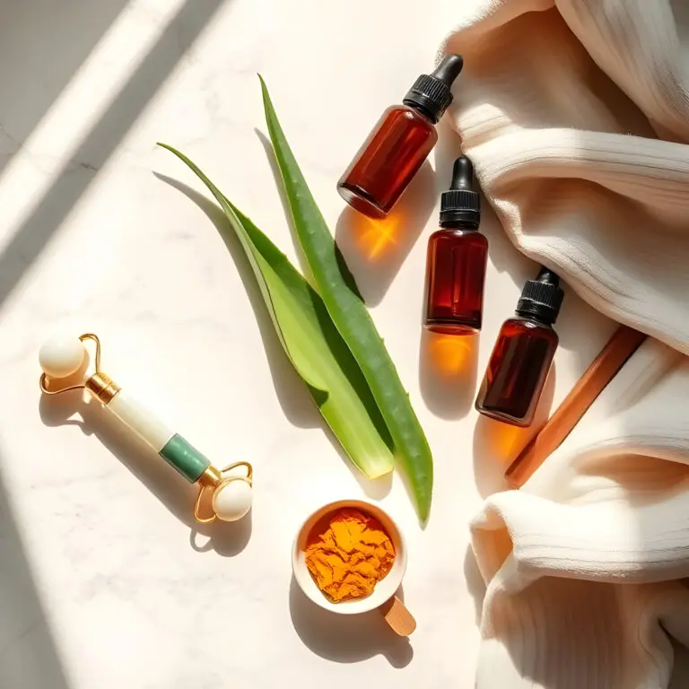 Flat-lay of natural skincare ingredients like aloe, turmeric, and essential oils representing organic skin care routine.