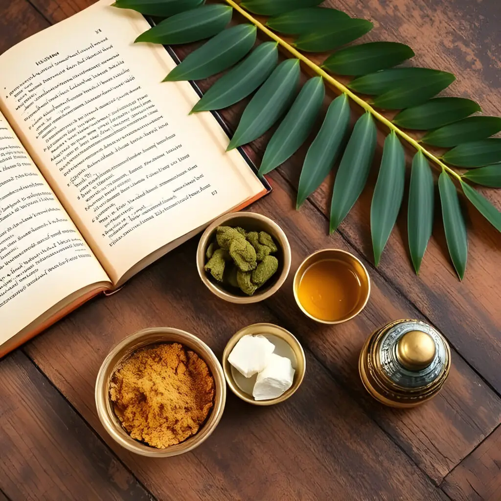 Ayurvedic herbs and oils used in natural skincare such as neem, kumkumadi oil, and manjistha root.