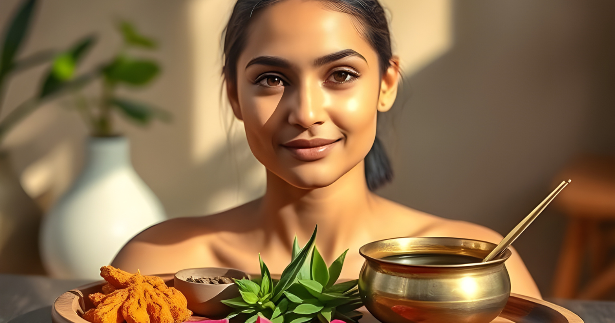 Indian woman with glowing skin waking up after using overnight Ayurvedic remedies for clear skin, surrounded by natural ingredients like neem, aloe vera, and turmeric.